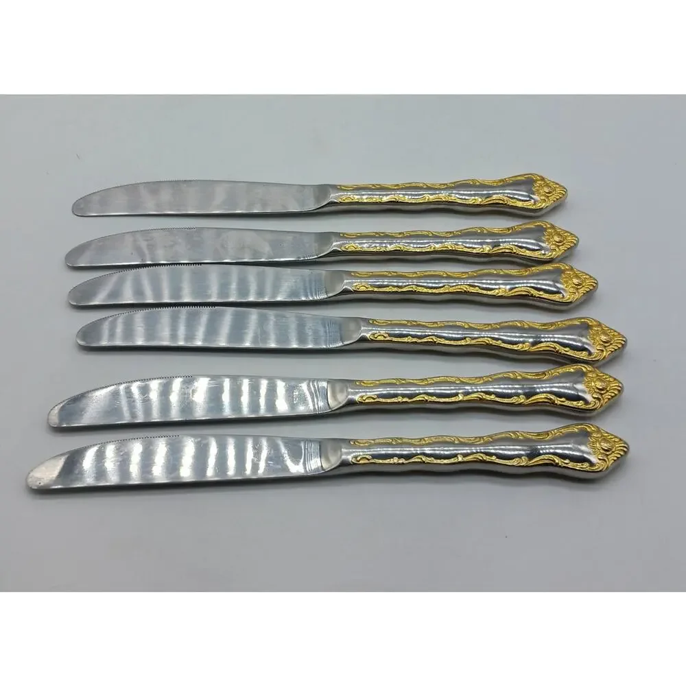6 Modern Solid Dinner Knifes Rose Cascade Towle Supreme 18/8 Gold Accent Discont
